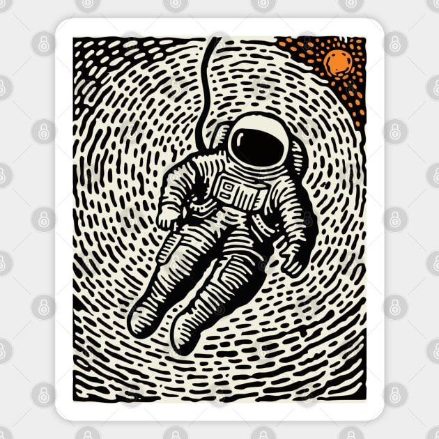 Cosmic Drift - Woodcut Astronaut in Space Magnet by TuncGK
